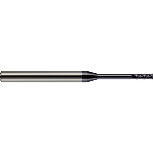 Miniature End Mills - Long Reach, Standard Flute - 0.0500″ Cutter Diameter × 0.1500″ Length of Cut × 0.5000″ (1/2″) Reach Carbide Square End Mill, 4 Flutes, AlTiN Coated