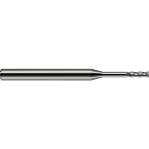 Miniature End Mills - Long Reach, Standard Flute - 0.0100″ Cutter Diameter × 0.0300″ Length of Cut × 0.0800″ Reach Carbide Square End Mill, 4 Flutes