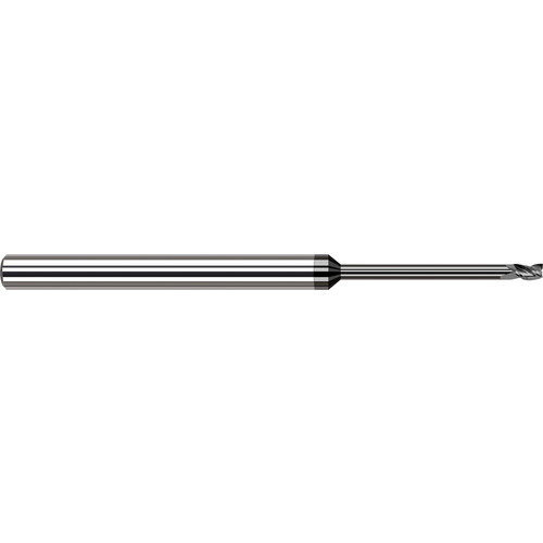 Miniature End Mills - Long Reach, Stub Flute - 0.0150″ (1/64″) Cutter Diameter × 0.0220″ Length of Cut × 0.1870″ (3/16″) Reach Carbide Square End Mill, 3 Flutes, Amorphous Diamond Coated